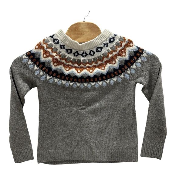 J CREW Women's Small Factory Gray Metallic Fair Isle Merino Wool Blend Sweater - Picture 2 of 8